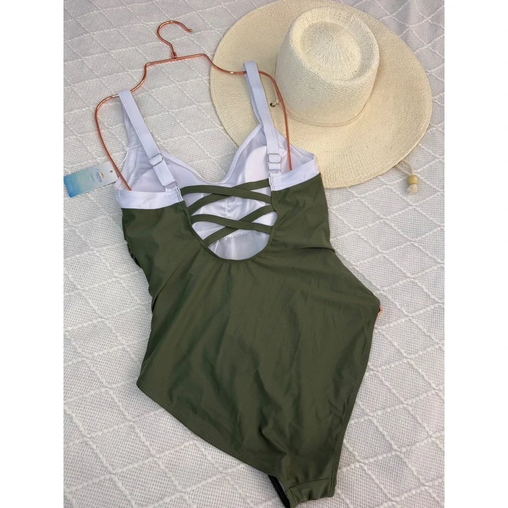 Eagerbuy Ruched One Piece Swimsuit‎ Criss Cross Back V Neck Bathing Suit Olive